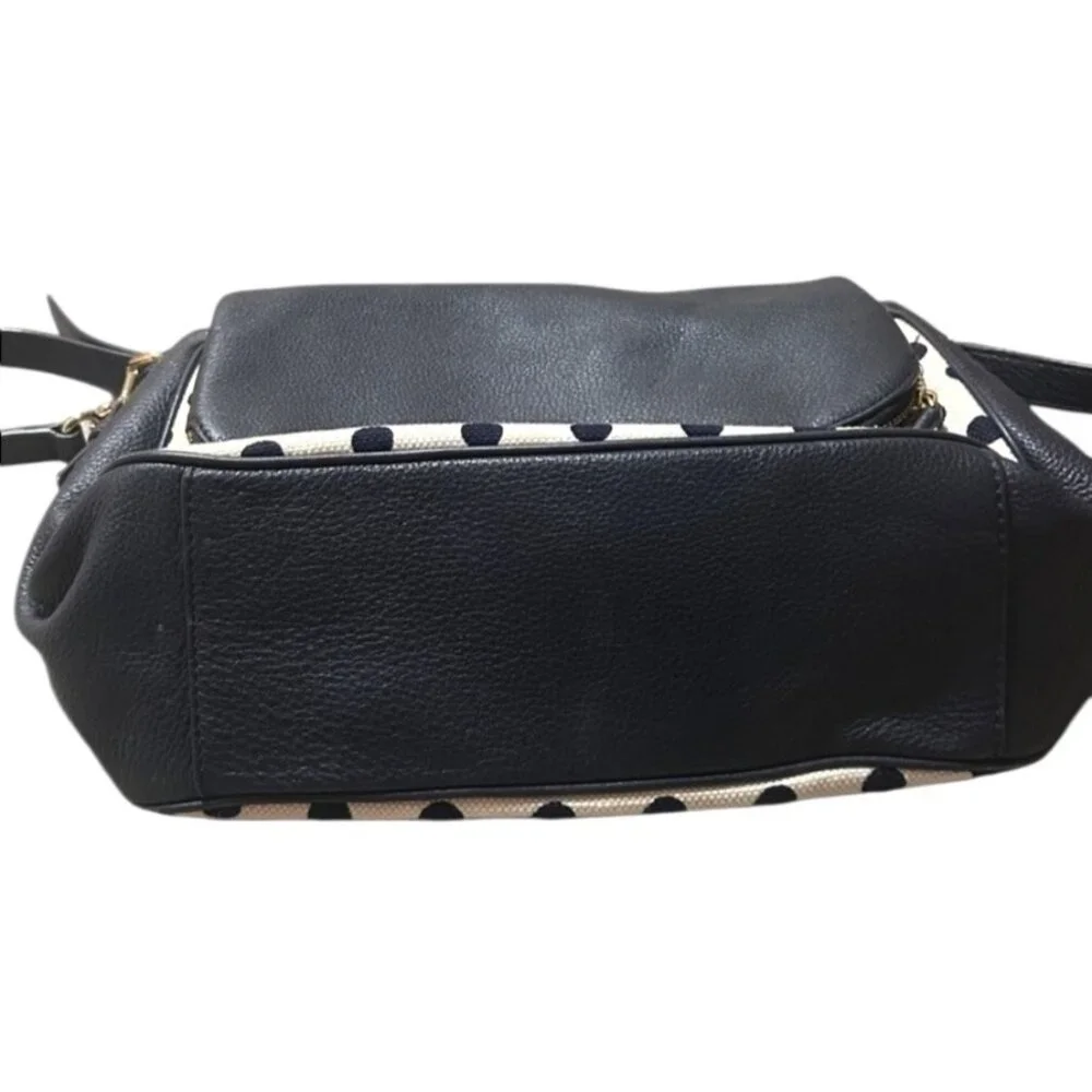 Kate‎ Spade Leather & Canvas Navy Blue And Cream White Polka Dot Shoulder Bag
